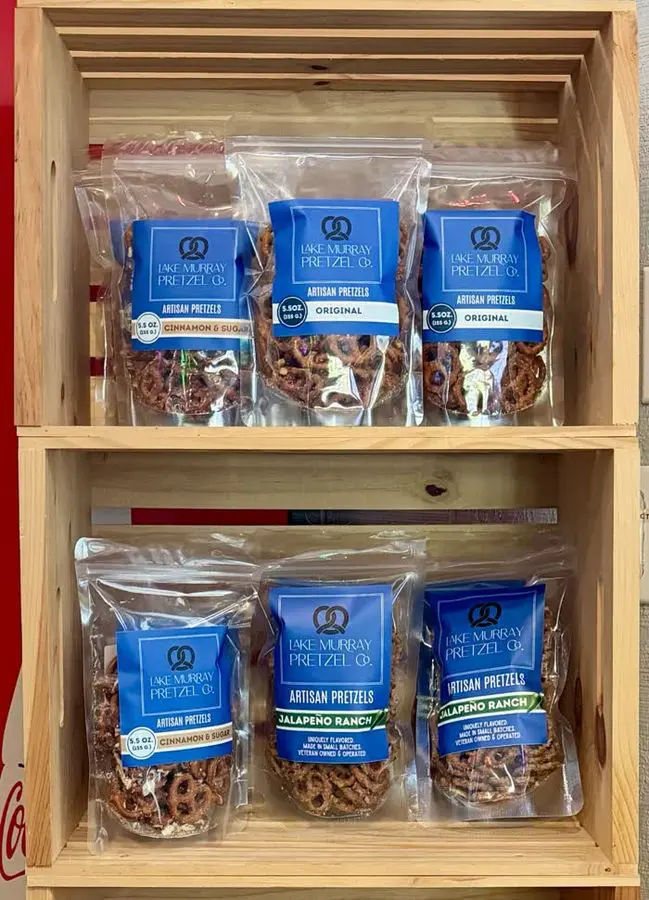 Shelf of bagged pretzels