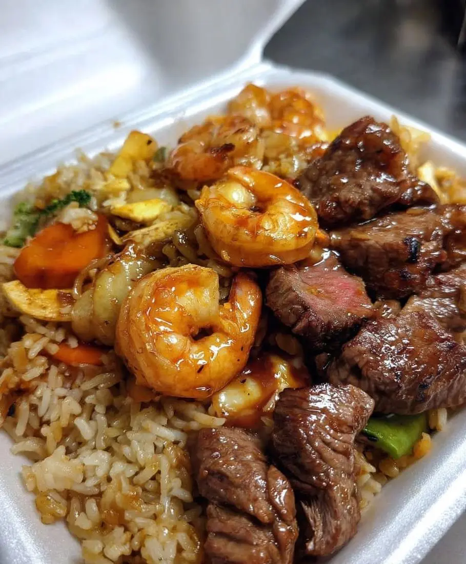 Tasty Teppanyaki hibachi steak and shrimp over fried rice
